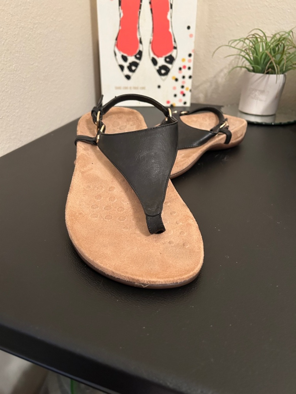 Vionic Women's Black Thong Sandals with Gold Hardware and Suede Footbed